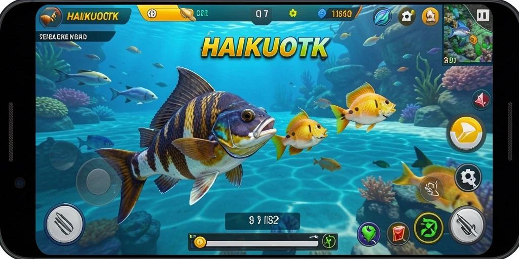 Tampilan gameplay menarik HAIKUOTK dengan ikan beragam.