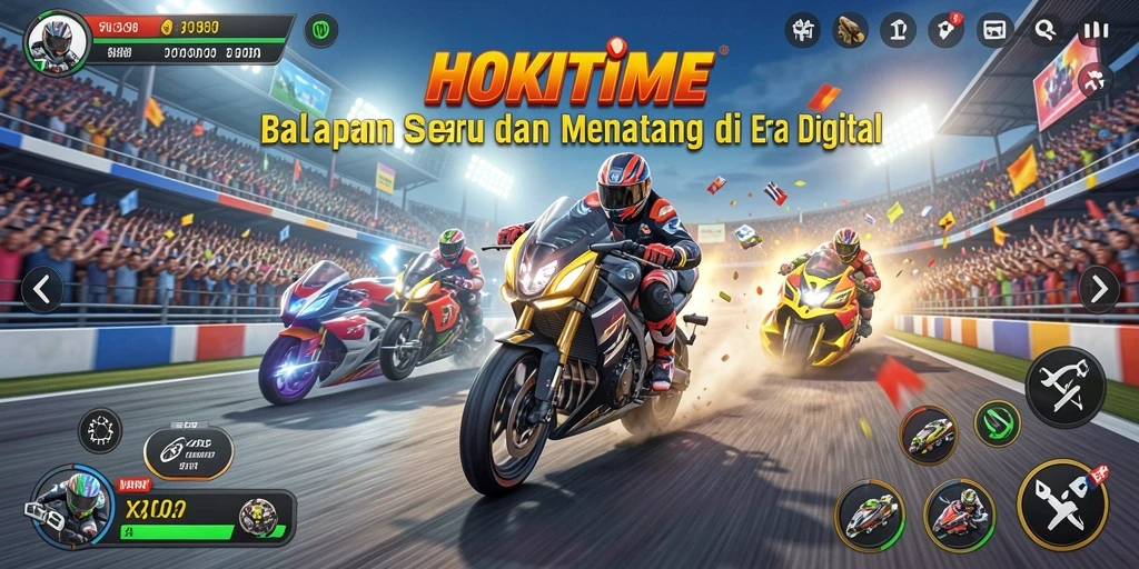 Screenshot HOKITIME menampilkan aksi balapan yang mendebarkan.