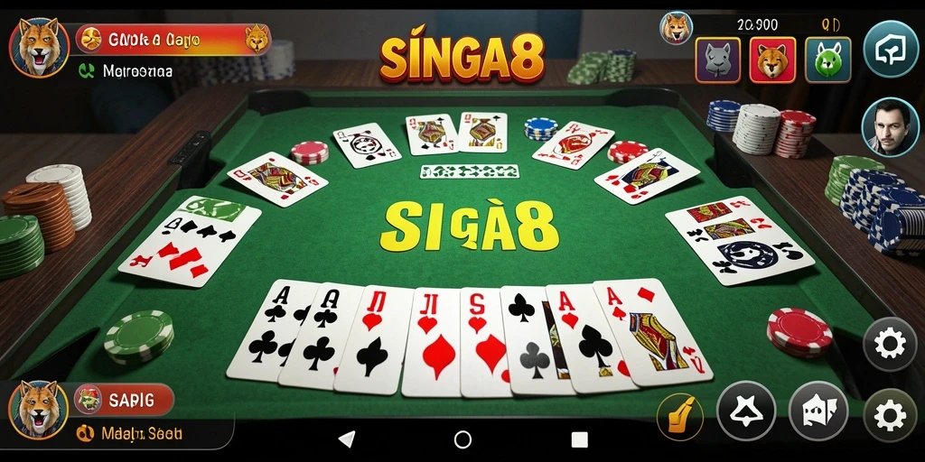 Screenshot gameplay SINGA8 menampilkan suasana permainan Gaple yang intens.
