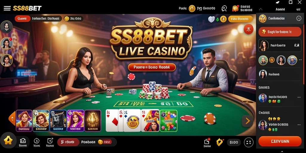 Tampilan gameplay SS88BET yang menampilkan dealer langsung di meja kasino.